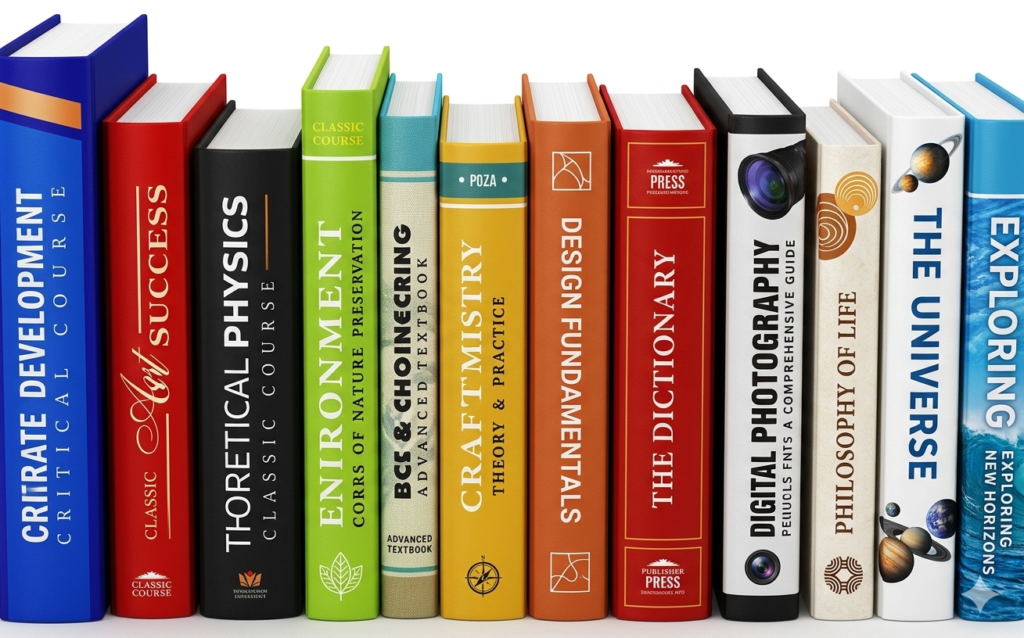 Row of colorful academic textbooks and school books covering physics, chemistry, dictionary, and photography standing on a white background.